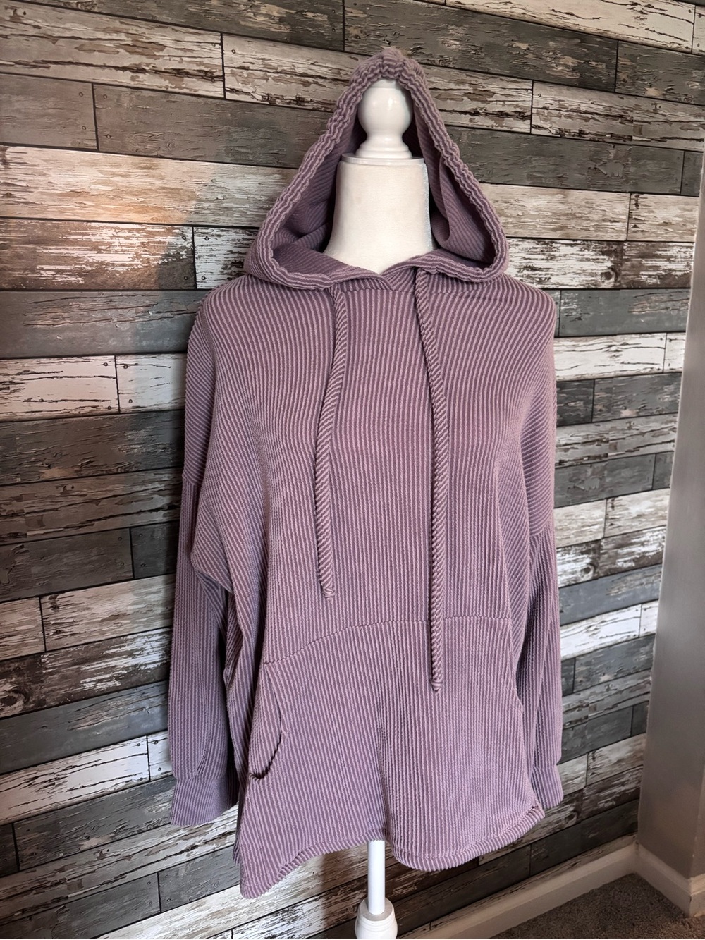 White Birch Lavender Knit Ribbed Hooded Pullover Hoodie Womens Size L